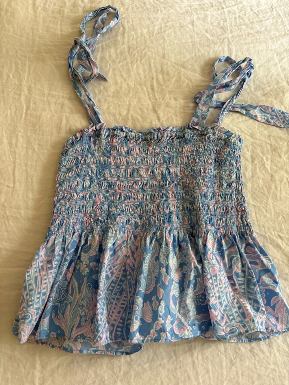 Lilly Pulitzer Blue and Pink Smocked Tie-Strap Peplum Camisole